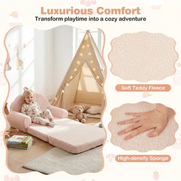 2-in-1 Flip Open Kids Sofa Lounger, Teddy Fleece Toddler Couch With Carry Handle For Ages 3+ (Beige)