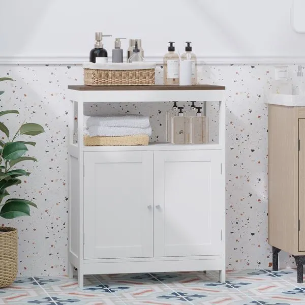 Modern Storage Cabinet With Double Doors, Free-Standing Bathroom Cabinet With Adjustable Shelf And Natural Wood Top, Multi-Purpose Organizer For Kitchen, Living Room, Bathroom Or Entryway - White