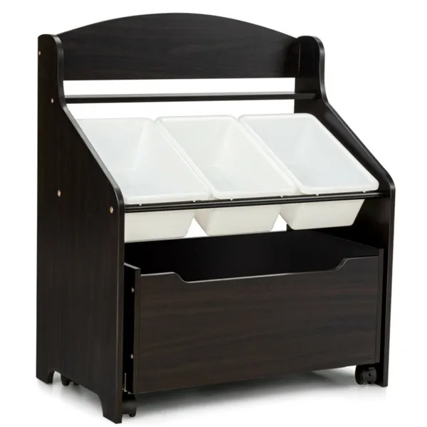 Dark Brown Multifunctional Kids Storage Cabinet With Large Capacity Toy Box And Display Shelf, Safe Rounded Corner Children Organizer For Toys Books