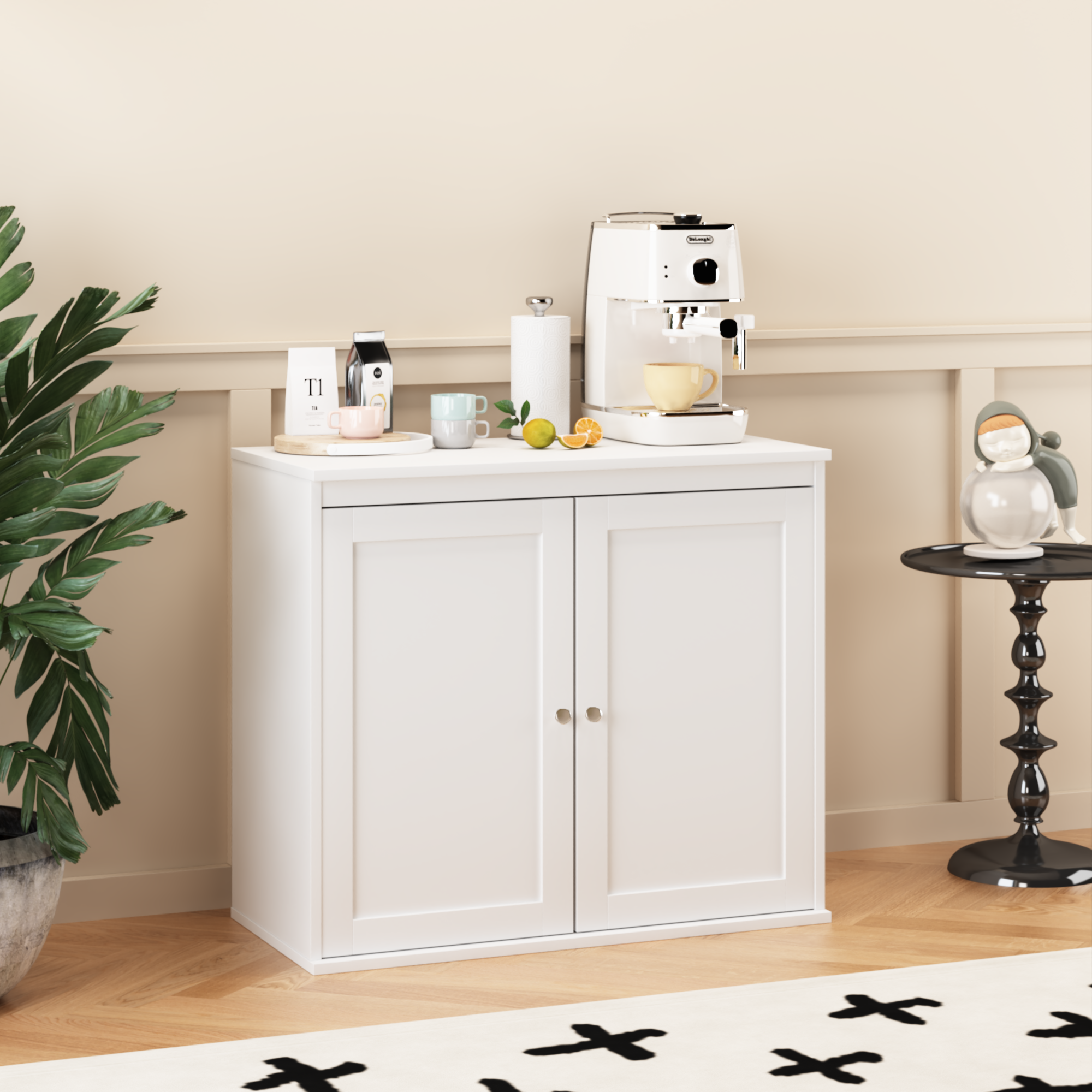 Kitchen Storage Cabinet With Double Doors, Coffee Bar Cabinet With Adjustable Shelves, Sideboard Buffet For Dining Room, Living Room Or Entryway, Modern White Cupboard