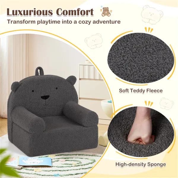 Bear-Shaped Kids Sofa, Teddy Fleece Foam Chair For Toddlers 3+, Portable Bear-Shaped Couch (Gray)