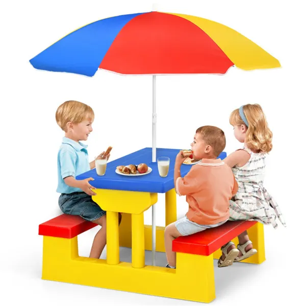 Children Outdoor Picnic Table Set With Foldable UV Protection Umbrella, Lightweight PP Kids Activity Table For Playing Eating -Yellow