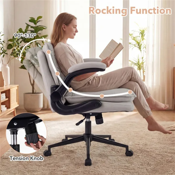 Criss Cross Chair With Flip-Up Arms, Faux Leather Cross Legged Office Chair With Adjustable Height & Rocking Function -Beige