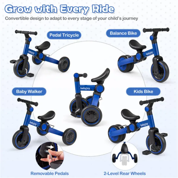 5-In-1 Foldable Toddler Tricycle, Adjustable Handlebar & Ergonomic Seat With Removable Pedals - Blue
