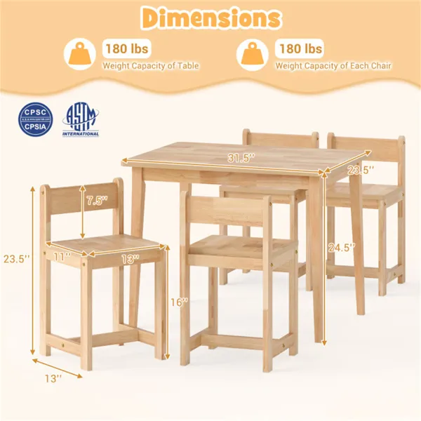 Kids Wooden Table And Chairs Set (1 Table + 4 Chairs), Rubber Wood Toddler Activity Set (Natural)