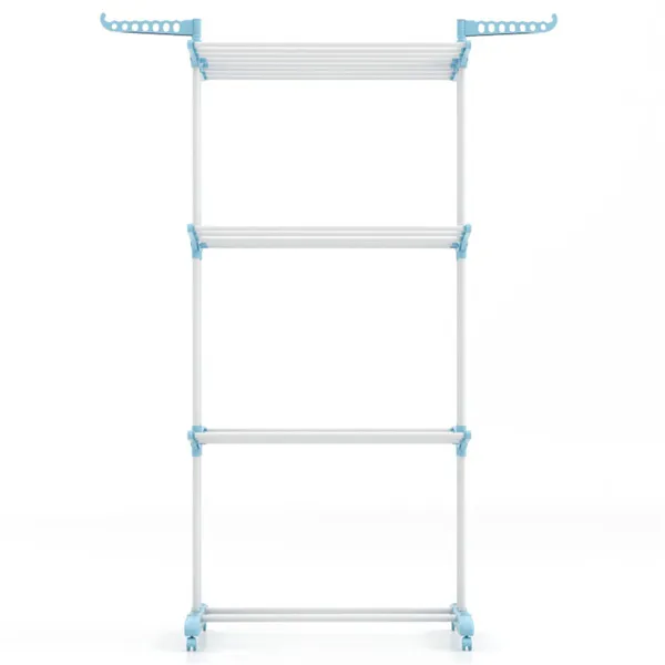 Blue 4-Tier Foldable Clothes Drying Rack With Wheels, Heavy Duty Metal Laundry Hanger Stand For Indoor Outdoor Use