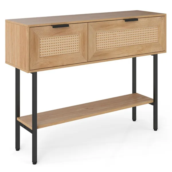 Natural Rattan Console Table With Storage Cabinets & Open Shelf, 40 Inch Entryway Table With Sturdy Carbon Steel Frame For Living Room, Hallway, Sofa Table_voghion.com