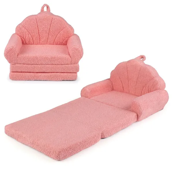 2-in-1 Flip Open Kids Sofa Lounger, Teddy Fleece Toddler Couch With Carry Handle For Ages 3+ (Pink)