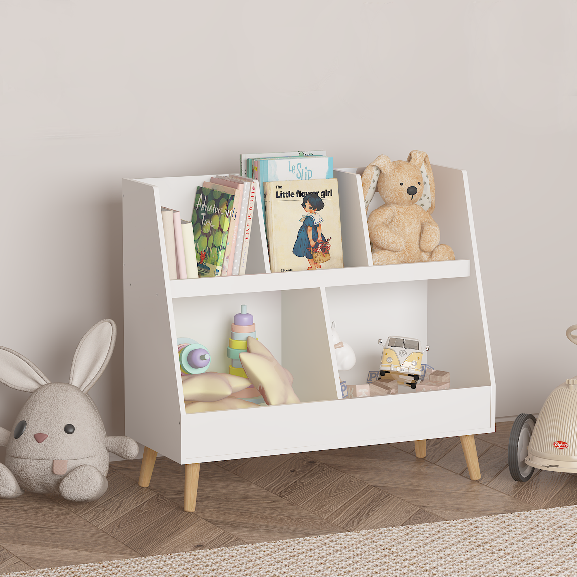 Kids Bookshelf And Toy Organizer, 5 Cubbies Wooden Open Bookcase, 2-Tier Baby Storage Display Organizer With Legs, Free Standing For Playing Room, Bedroom, Nursery, Classroom, White