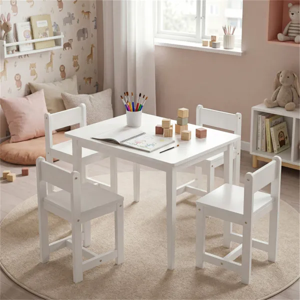 Kids Wooden Table And Chairs Set (1 Table + 4 Chairs), Rubber Wood Toddler Activity Set (White)