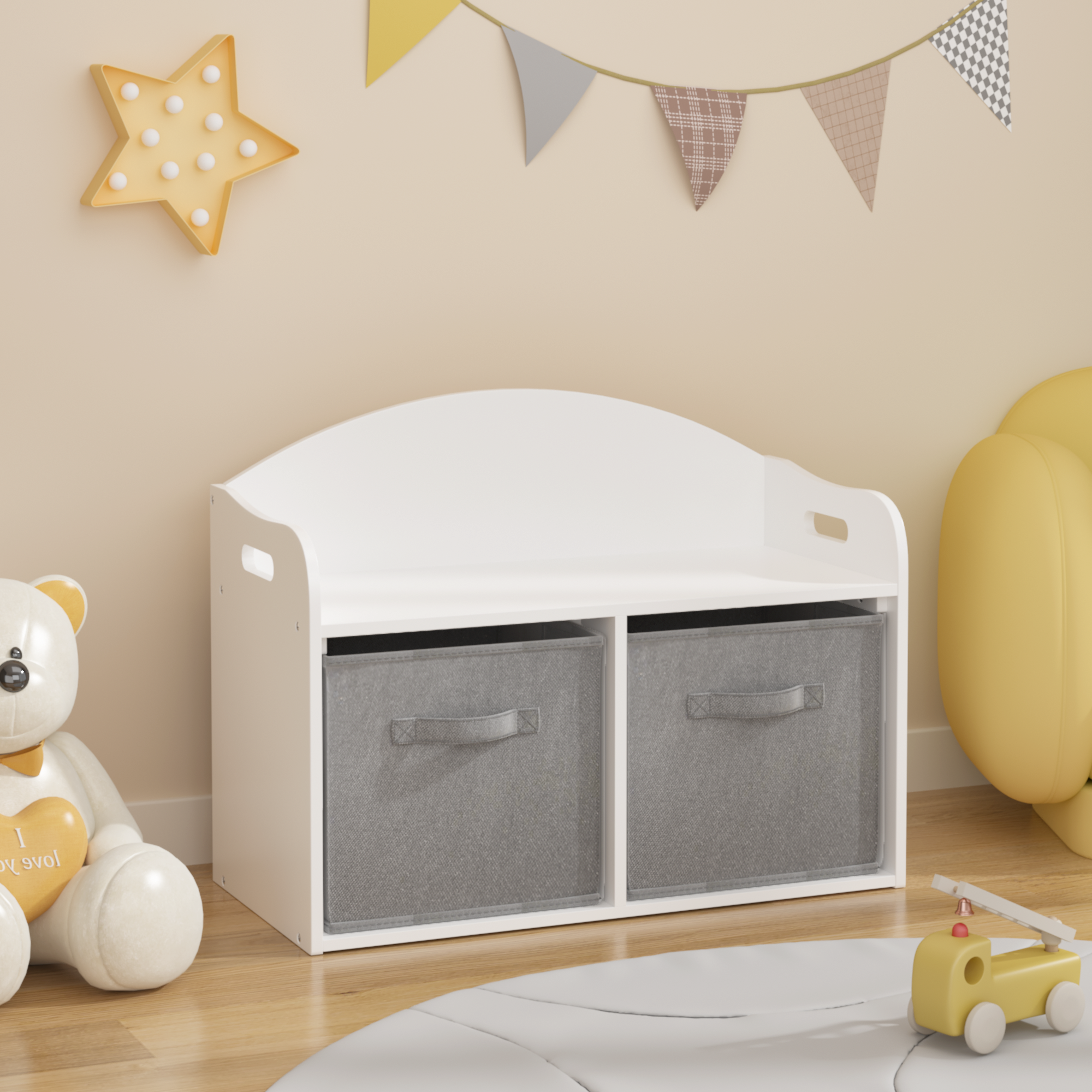 Kids Wooden Toy Box Bench With Collapsible Fabric Drawers,Toy Storage Cabinet Organizer, White - Image 1