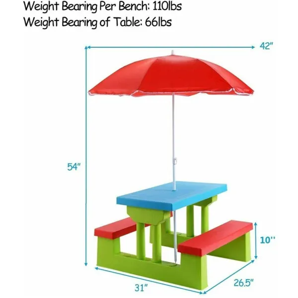 Children Outdoor Picnic Table Set With Foldable UV Protection Umbrella, Lightweight PP Kids Activity Table For Playing Eating -Green