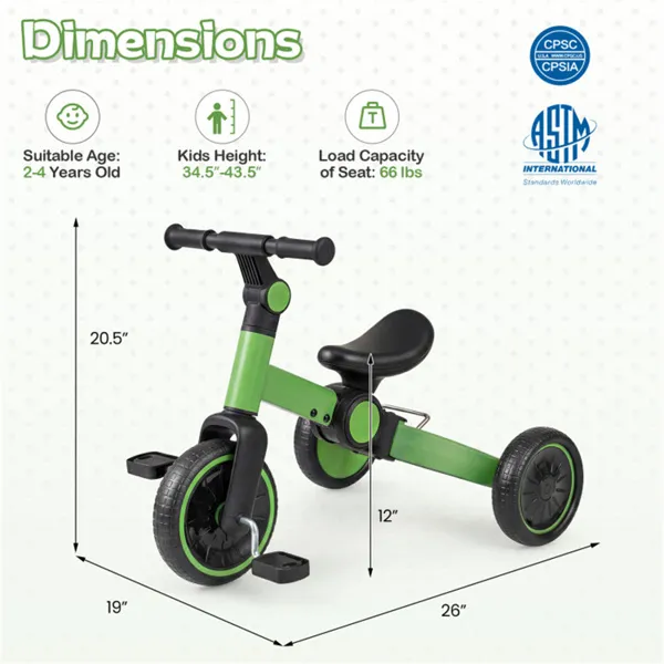 5-In-1 Foldable Toddler Tricycle, Adjustable Handlebar & Ergonomic Seat With Removable Pedals - Green