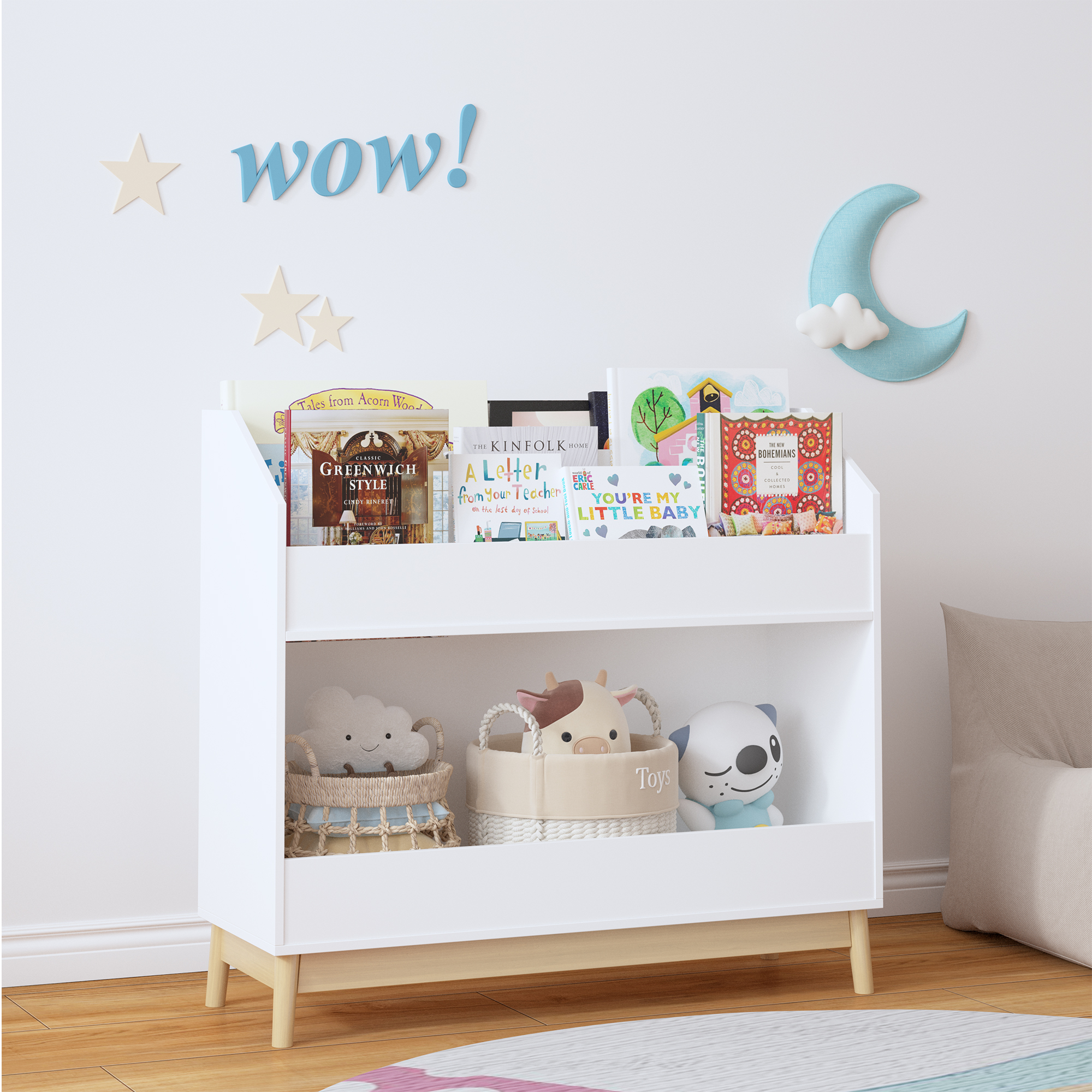 Toddler Book Display Shelf With Storage, Wooden Kids Bookcase Organizer For Bedroom Or Playroom, White