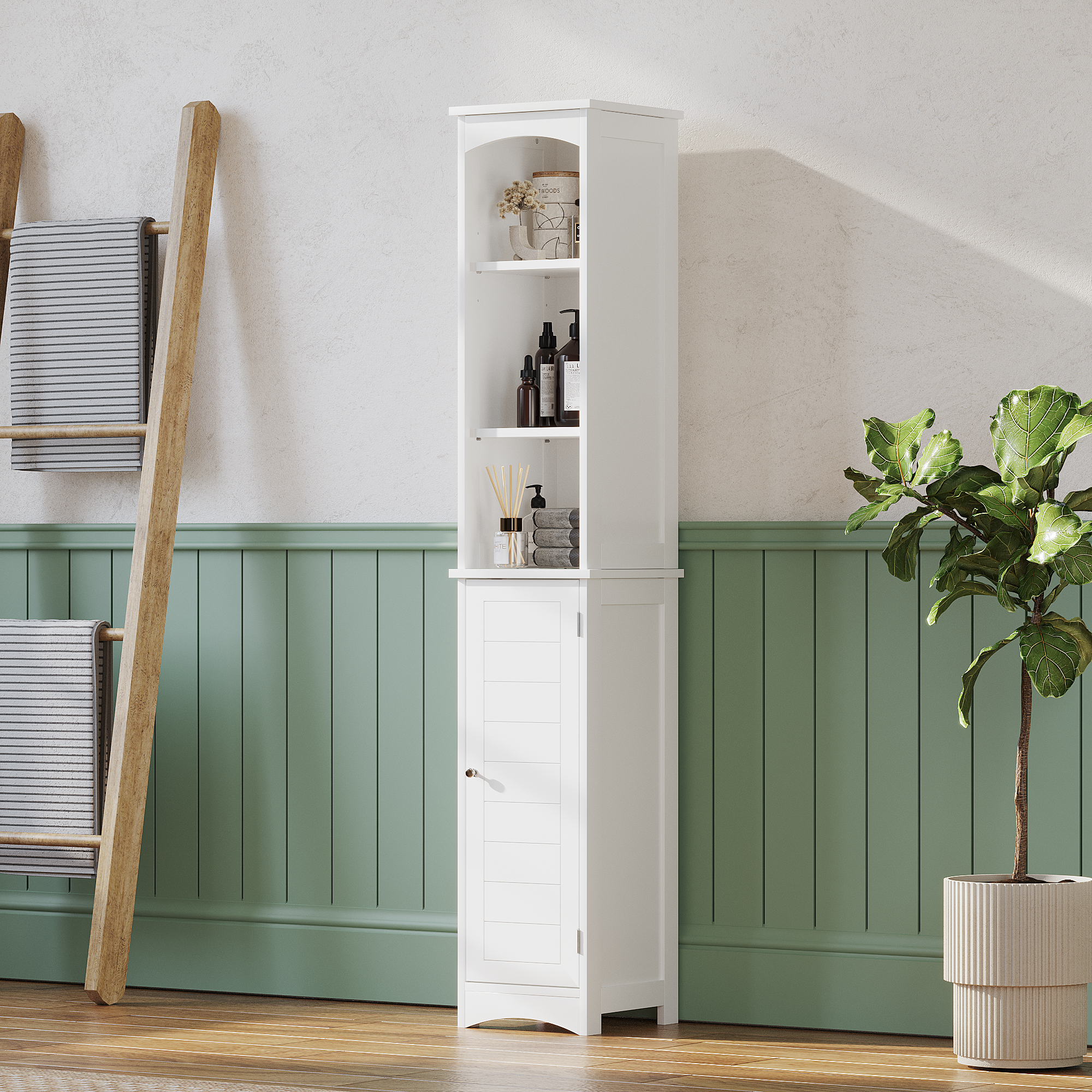 64.17' Tall Bathroom Storage Cabinet With Adjustable Shelves,Slim 1 Doors Freestanding Cabinet With Anti-Tip, Open Compartments, For Home, Small Spaces, Bathroom,Kitchen,