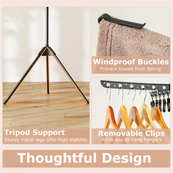 3-Tier Foldable Tripod Clothes Drying Rack With 24 Clips & 32 Rods, 70" Space Saving Laundry Dryer