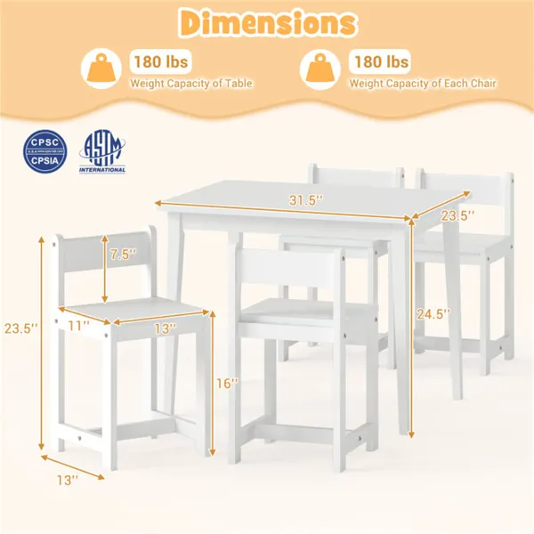 Kids Wooden Table And Chairs Set (1 Table + 4 Chairs), Rubber Wood Toddler Activity Set (White)