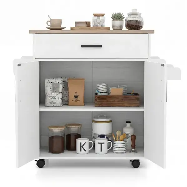 41.5" Rolling Kitchen Island Cart With Storage, White Kitchen Cart With Drawer & Cabinet, Spice Rack & Towel Holder