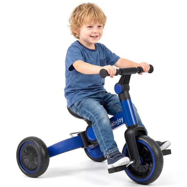 5-In-1 Foldable Toddler Tricycle, Adjustable Handlebar & Ergonomic Seat With Removable Pedals - Blue