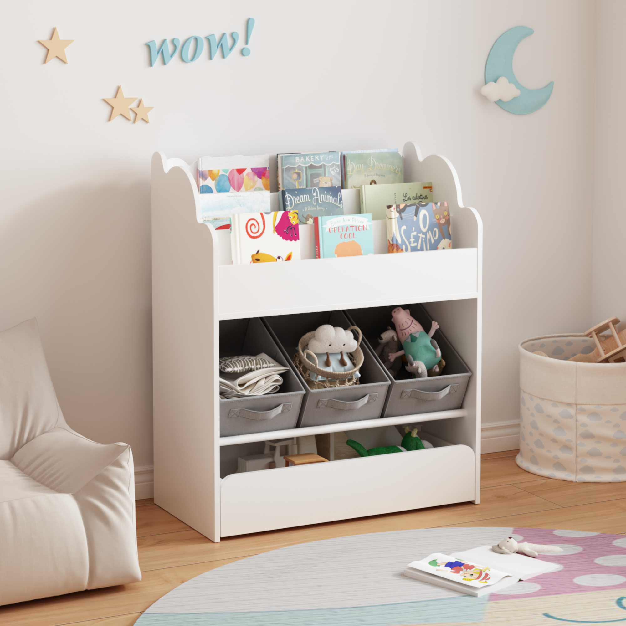 Kids Bookshelf With Storage Bins And Drawer, Multi-Functional Wooden Book Organizer For Toddlers, White Bookcase For Toys, Books And Nursery Room - Image 1