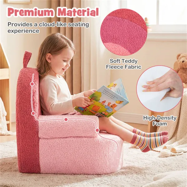 Pink Kids Sofa, Soft Teddy Fleece Foam Couch With Carry Handle & Removable Machine-Washable Cover