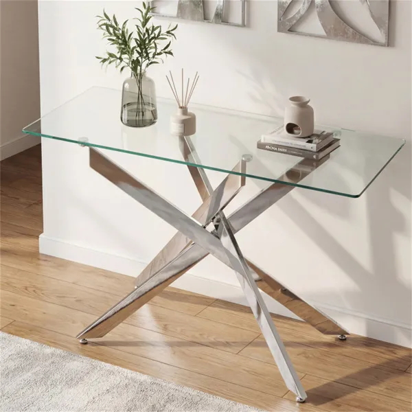 45 Inch Tempered Glass Entryway Table, Silver Chrome Metal Console Table With Adjustable Feet For Home Decor_voghion.com