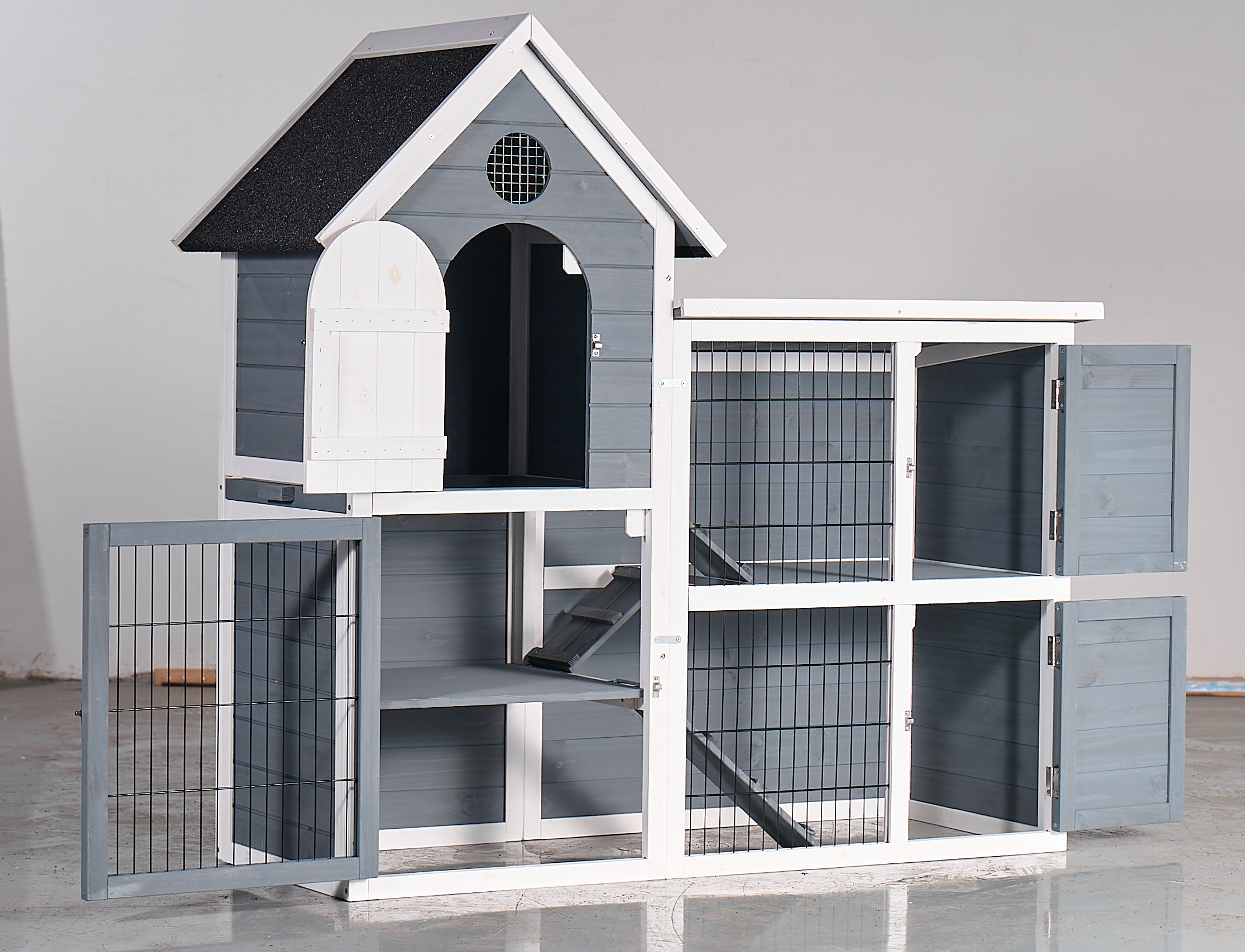 Large Outdoor Chicken Coop Cage, Weatherproof 2-Story Chicken Coop & Rabbit Hutch, Wooden Indoor Outdoor Pet House With No-Leak Tray, Waterproof Roof  Pull-Out Tray 50.98L X 48.23 H, Grey, Blue