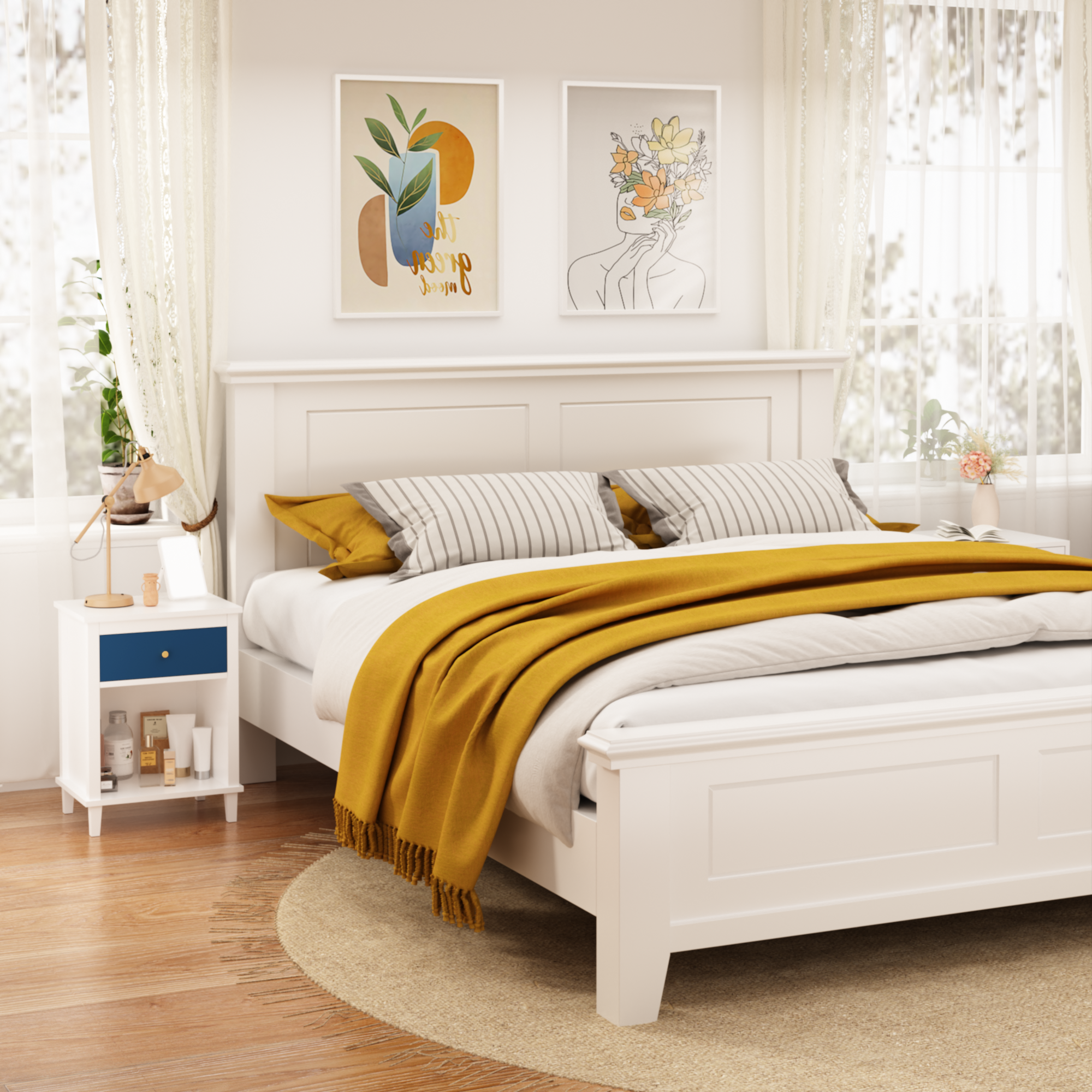 26.77'H Wooden Nightstand With One Drawer One Shelf For Kids, Adults, Navy Golden Handle