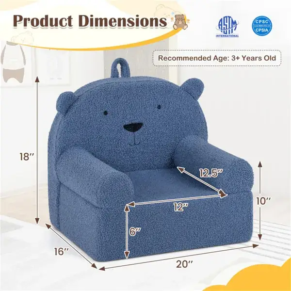 Bear-Shaped Kids Sofa, Teddy Fleece Foam Chair For Toddlers 3+, Portable Bear-Shaped Couch (Navy)