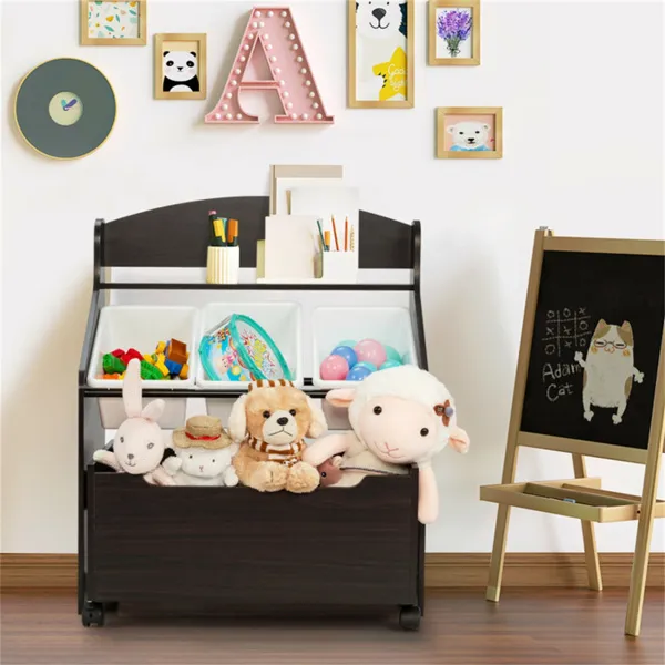 Dark Brown Multifunctional Kids Storage Cabinet With Large Capacity Toy Box And Display Shelf, Safe Rounded Corner Children Organizer For Toys Books