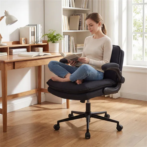 Criss Cross Chair With Flip-Up Arms, Faux Leather Cross Legged Office Chair With Adjustable Height & Rocking Function -Gray