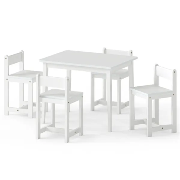 Kids Wooden Table And Chairs Set (1 Table + 4 Chairs), Rubber Wood Toddler Activity Set (White)