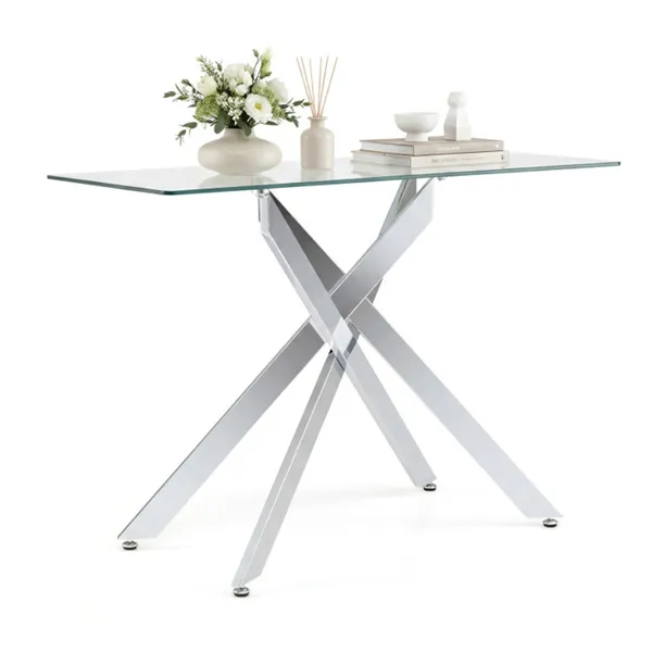 45 Inch Tempered Glass Entryway Table, Silver Chrome Metal Console Table With Adjustable Feet For Home Decor_voghion.com