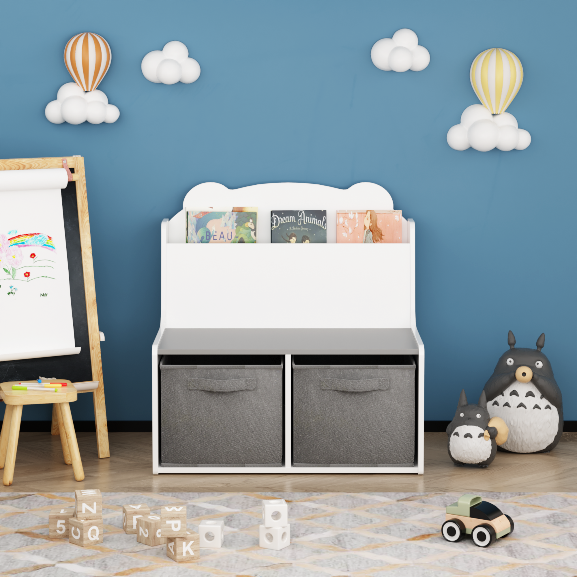 Kids Bookshelf With Storage Bins  Wooden Bookcase With Book Display Shelf And 2 Fabric Bins, Cute Bear-Shaped Backboard, Toy Organizer For Toddlers And Children, White And Gray