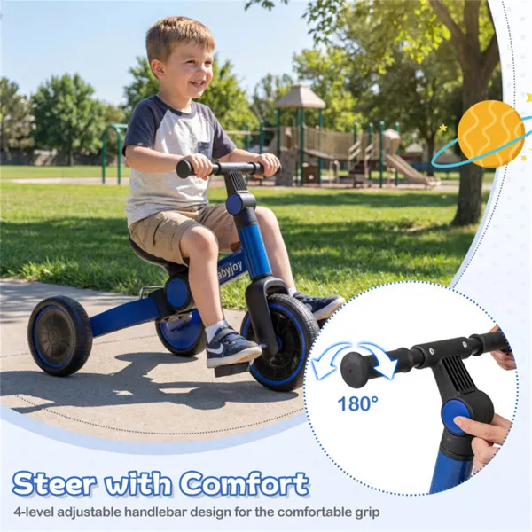 5-In-1 Foldable Toddler Tricycle, Adjustable Handlebar & Ergonomic Seat With Removable Pedals - Blue