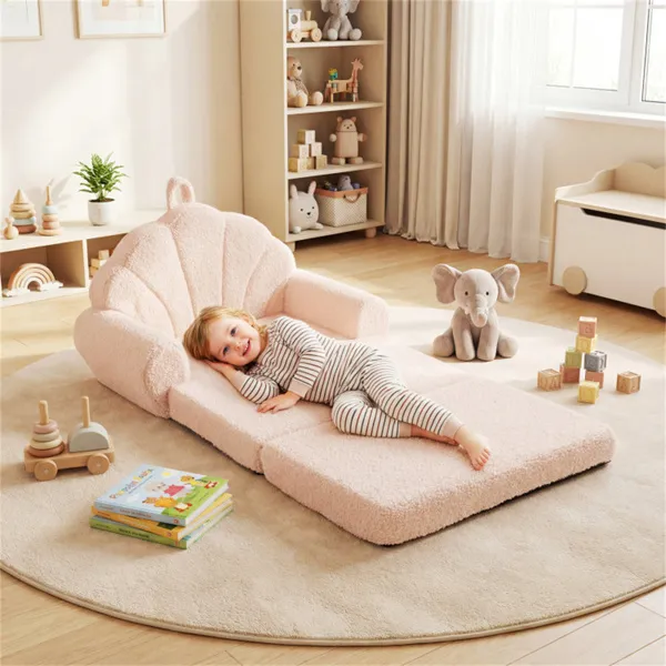 2-in-1 Flip Open Kids Sofa Lounger, Teddy Fleece Toddler Couch With Carry Handle For Ages 3+ (Beige)
