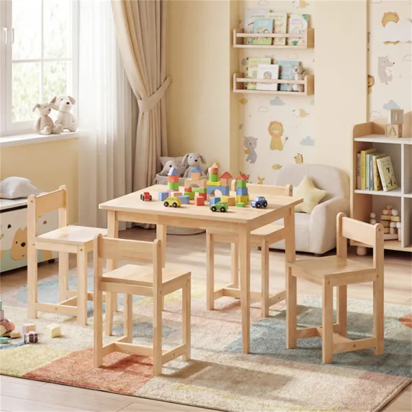 Kids Wooden Table And Chairs Set (1 Table + 4 Chairs), Rubber Wood Toddler Activity Set (Natural)