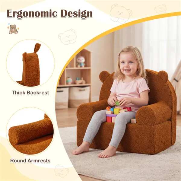 Bear-Shaped Kids Sofa, Teddy Fleece Foam Chair For Toddlers 3+, Portable Bear-Shaped Couch (Brown)