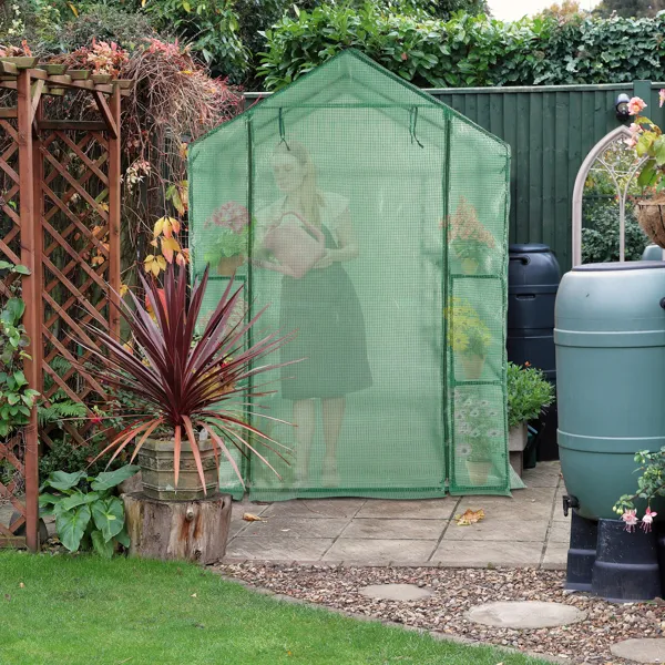 143x143x195cm Black Iron Pipe Steeple With 8 Pieces Grid Flower Stand With Zipper Rolling Door PE Cloth Greenhouse-SAME AS 54690859