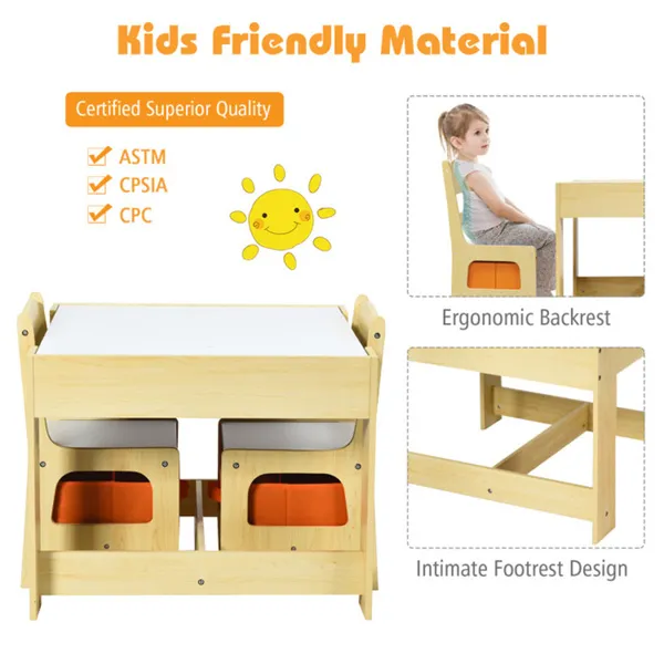 2-in-1 Kids Activity Table And Chairs Set, Double-Sided Whiteboard & Blackboard, With Hidden Storage, Certified Non-Toxic MDF, Perfect Gift For 3-7 Years Old (Natural)
