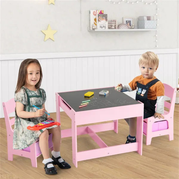 2-in-1 Kids Activity Table And Chairs Set, Double-Sided Whiteboard & Blackboard, With Hidden Storage, Certified Non-Toxic MDF, Perfect Gift For 3-7 Years Old (Pink)