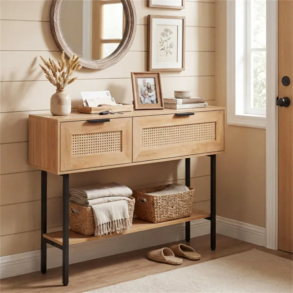 Natural Rattan Console Table With Storage Cabinets & Open Shelf, 40 Inch Entryway Table With Sturdy Carbon Steel Frame For Living Room, Hallway, Sofa Table_voghion.com