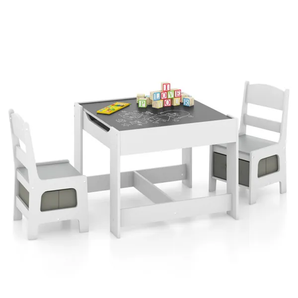 2-in-1 Kids Activity Table And Chairs Set, Double-Sided Whiteboard & Blackboard, With Hidden Storage, Certified Non-Toxic MDF, Perfect Gift For 3-7 Years Old (White)