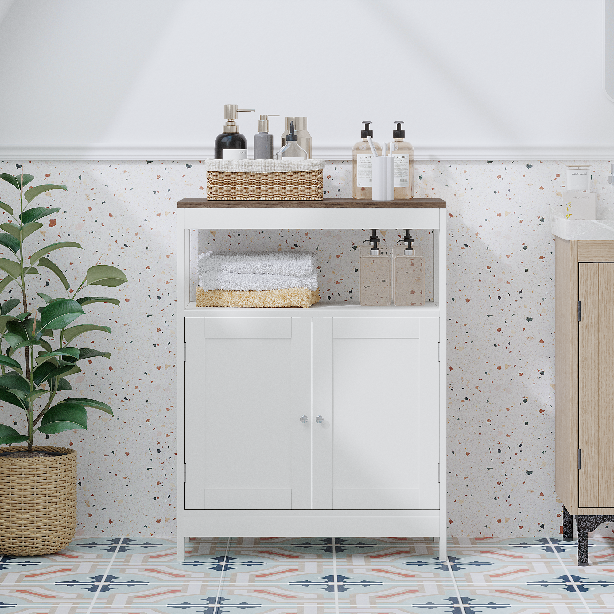 Modern Storage Cabinet With Double Doors, Free-Standing Bathroom Cabinet With Adjustable Shelf And Natural Wood Top, Multi-Purpose Organizer For Kitchen, Living Room, Bathroom Or Entryway White