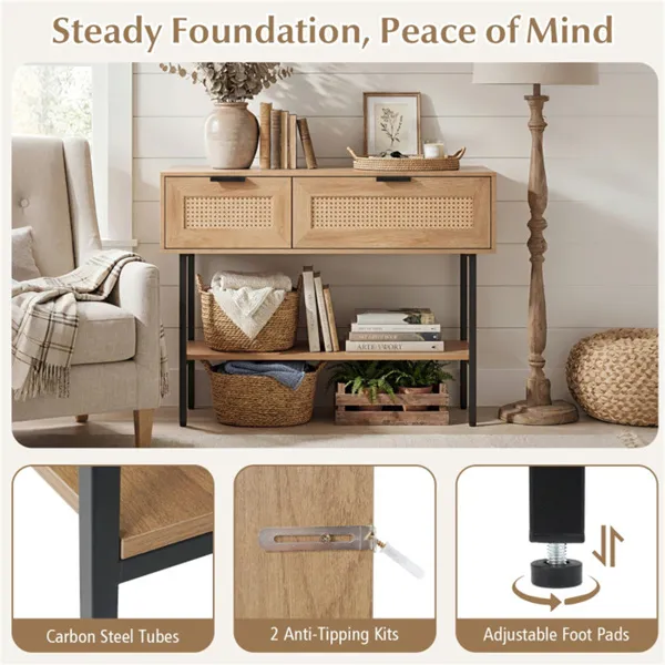 Natural Rattan Console Table With Storage Cabinets & Open Shelf, 40 Inch Entryway Table With Sturdy Carbon Steel Frame For Living Room, Hallway, Sofa Table_voghion.com