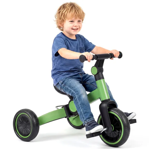 5-In-1 Foldable Toddler Tricycle, Adjustable Handlebar & Ergonomic Seat With Removable Pedals - Green