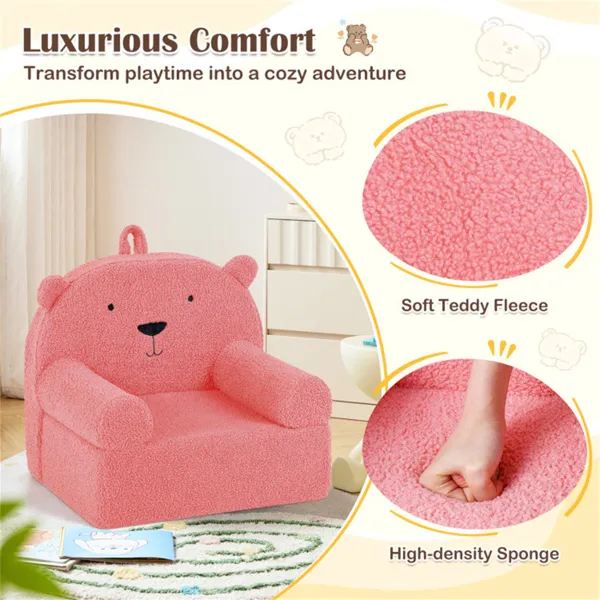 Bear-Shaped Kids Sofa, Teddy Fleece Foam Chair For Toddlers 3+, Portable Bear-Shaped Couch (Pink)