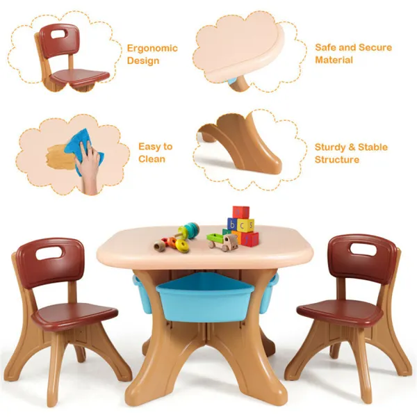 Brown Kids Table And 2 Chairs Set With 4 Storage Boxes, Toddler Activity Table For Drawing Playing Eating, Children Furniture For Indoor Outdoor