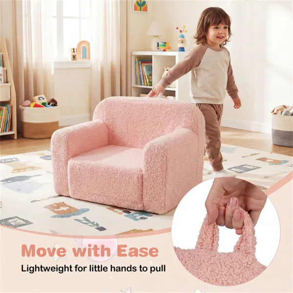 No-Assembly Kids Sofa, Soft Teddy Fleece Foam Couch With Carry Handle & Removable Washable Cover (Pink)