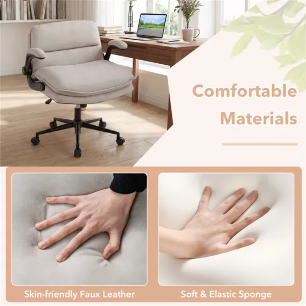 Criss Cross Chair With Flip-Up Arms, Faux Leather Cross Legged Office Chair With Adjustable Height & Rocking Function -Beige